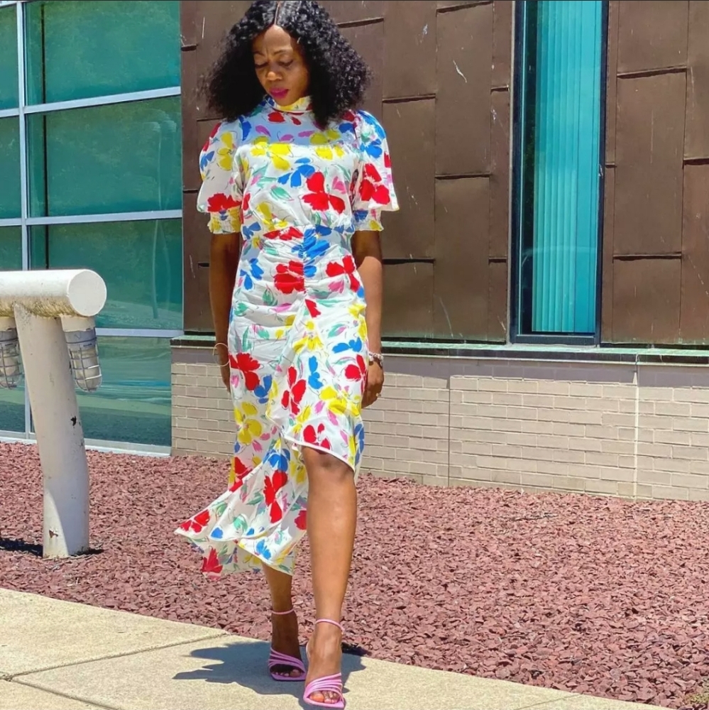 RIXO Cream Floral Mock Neck Cascade Ruffle